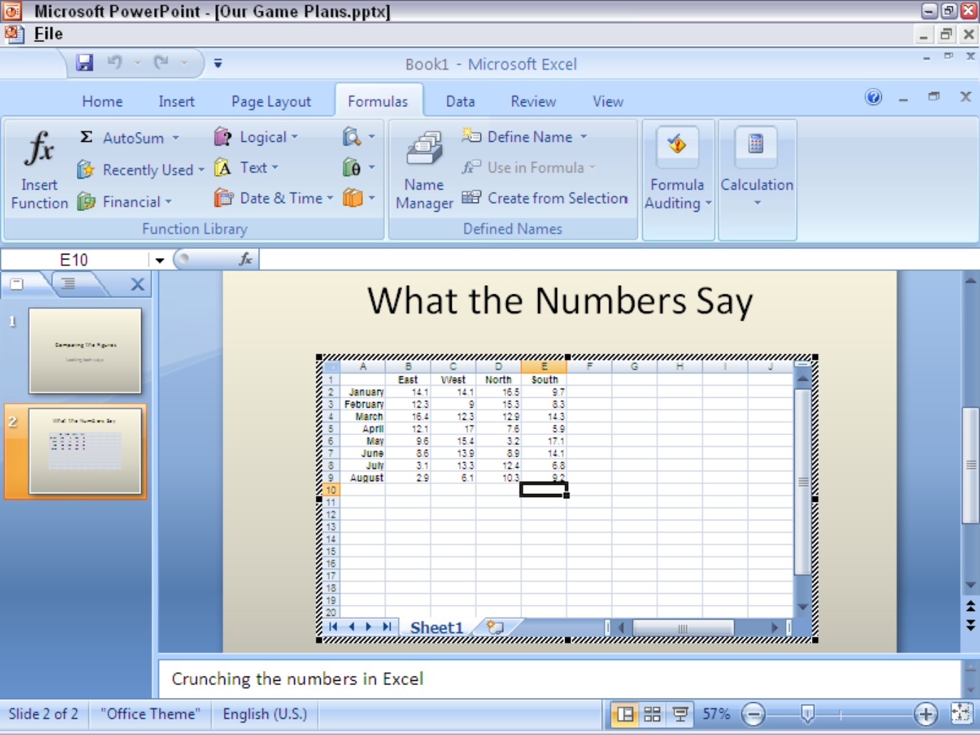 Figure 4-1: An Excel worksheet embedded in a PowerPoint slide.